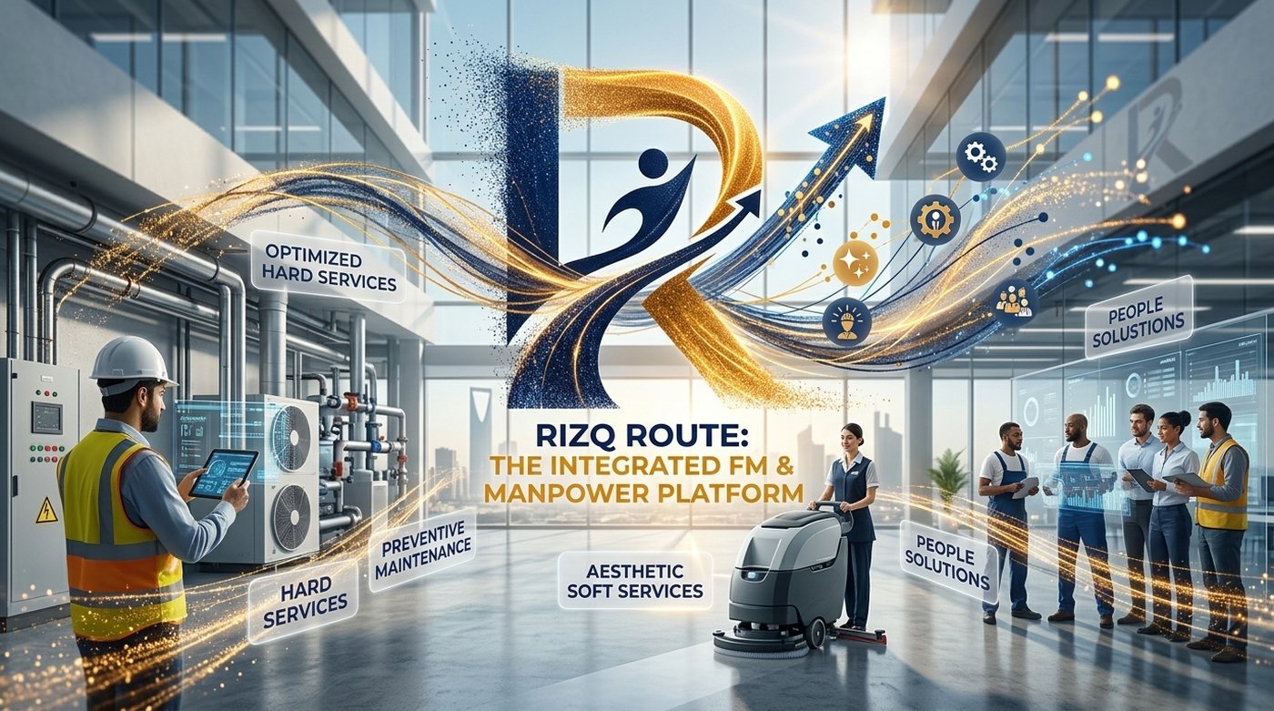 RIZQ ROUTE operations across a commercial facility — a technician on hard services at an electrical panel and chillers, a cleaning operator on soft services, and a people solutions team reviewing performance screens.